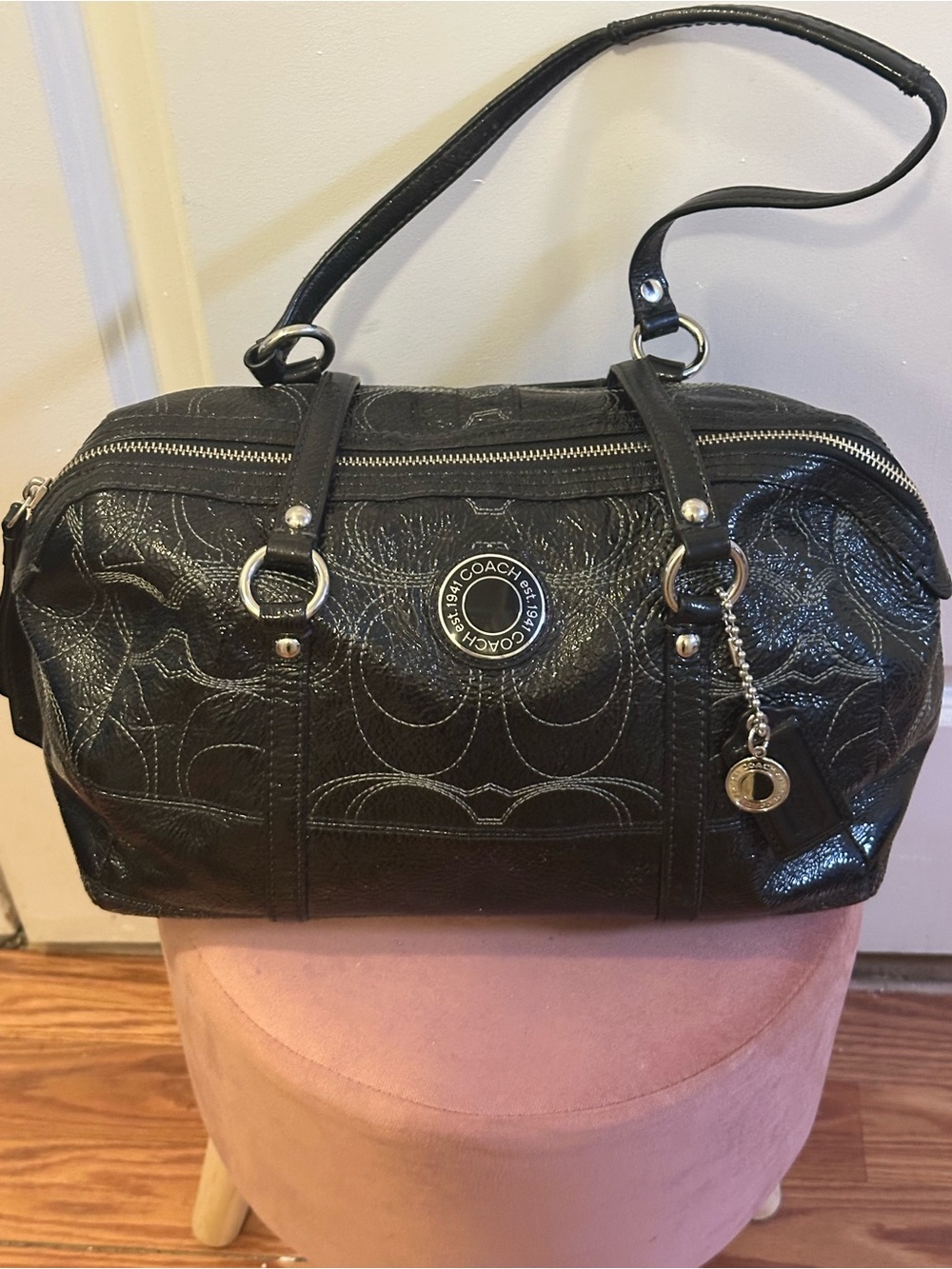 Coach Black Leather Signature-Pattern Shoulder Bag Vintage